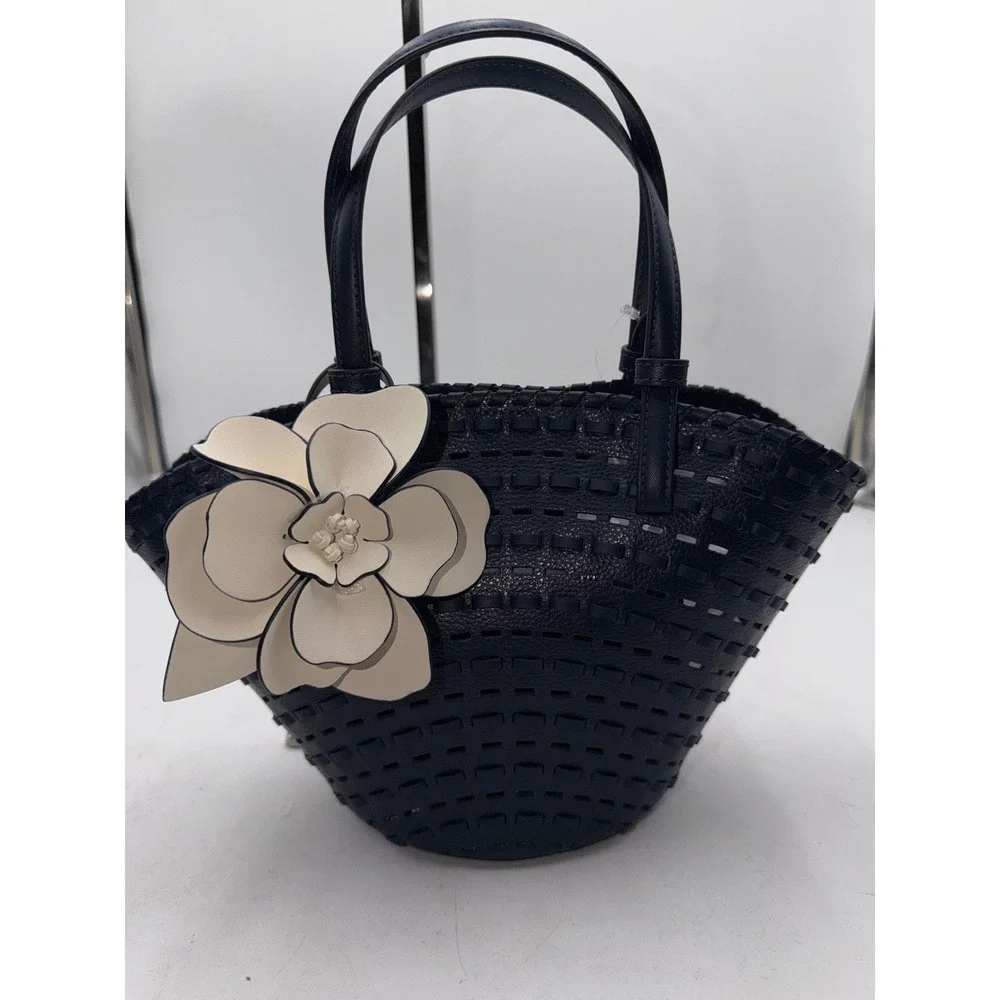 Kate Spade Dahlia Small Tote Parisian Navy Leather Woven Flower Bag KO471 NEW